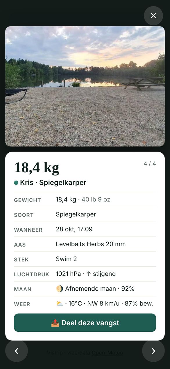 Vangst met foto, gewicht, luchtdruk en maanstand